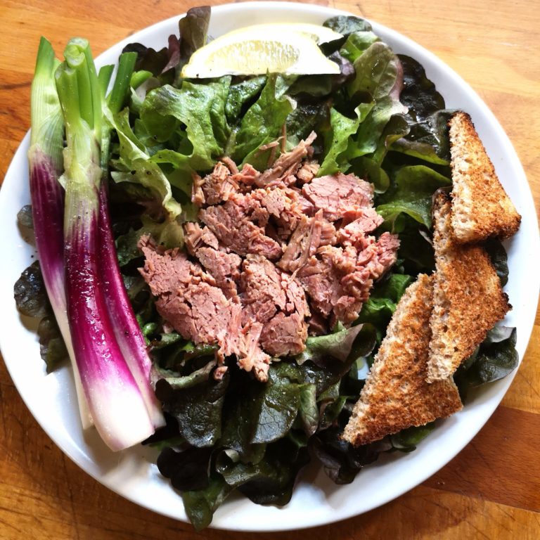 Carne sfilacciata su insalata con cipollotto, limone e pane tostato