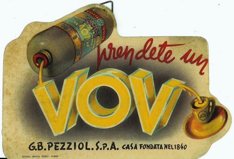Pubblicità vintage del liquore VOV con bottiglia che versa in una tazza