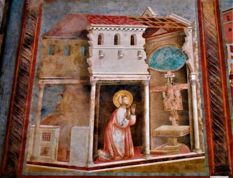 Affresco di Giotto con San Francesco in preghiera davanti al crocifisso di San Damiano
